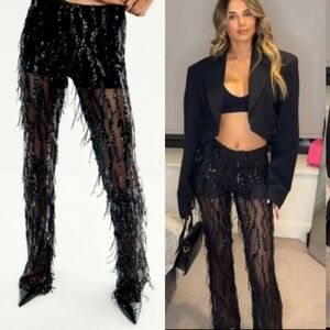 Zara SEQUIN FRINGED FLARE  PANTS LEGGINGS  BLACK SIZE XS and S
